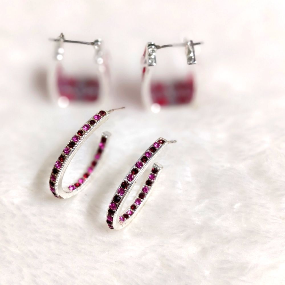 Vintage Silvertone/Pink Acrylic and Pink Rhinestone Pierced Earrings (2) Pair - Picture 9 of 14